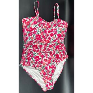 Sol Borne Womens 1X Pink Floral Ruched One Piece Swimsuit Adjustable Straps‎